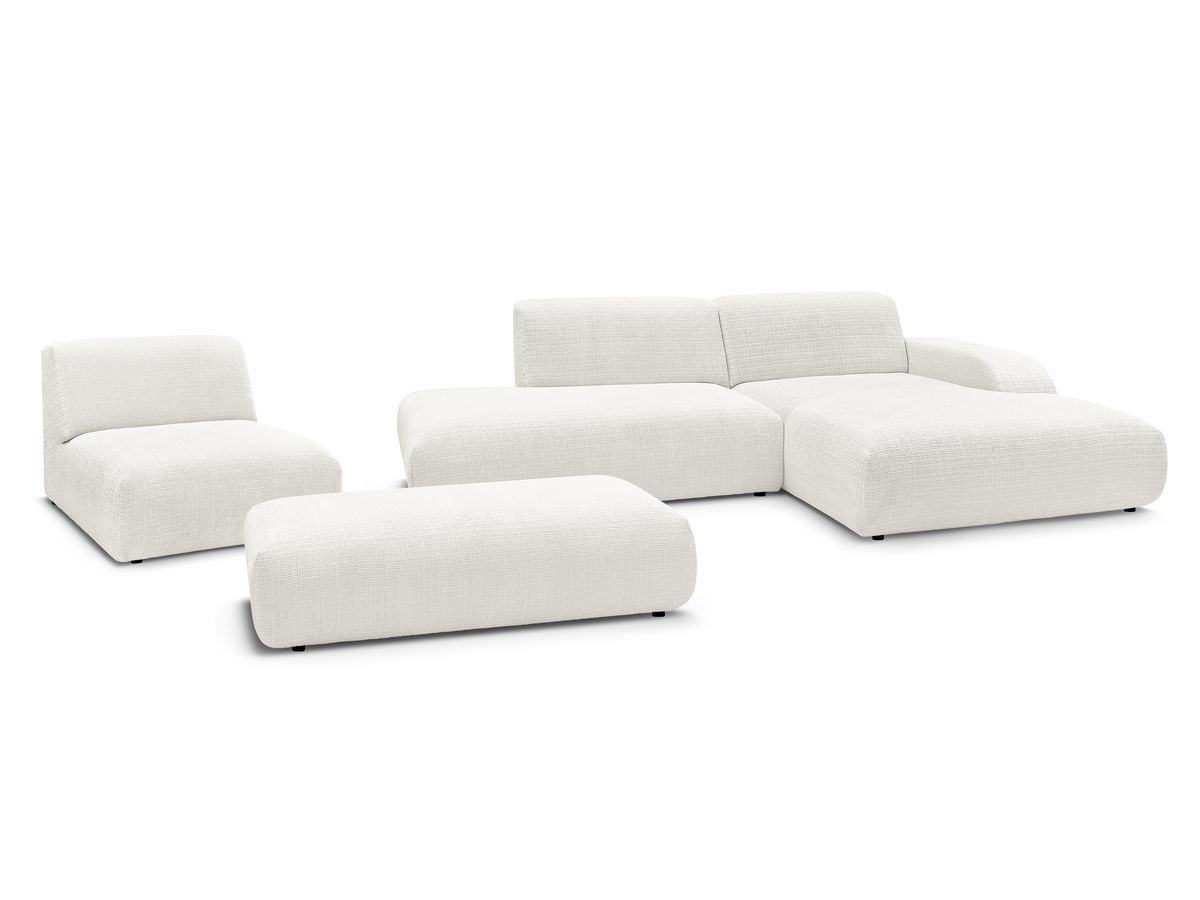 canapé d'angle fixe modulable sirius tissu texturé avec 1 chauffeuse et grand pouf de couleur blanc