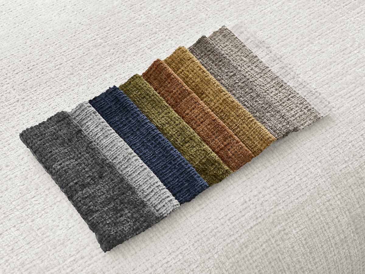 Canapé d'angle fixe modulable SIRIUS tissu texturé avec 1 chauffeuse et grand pouf