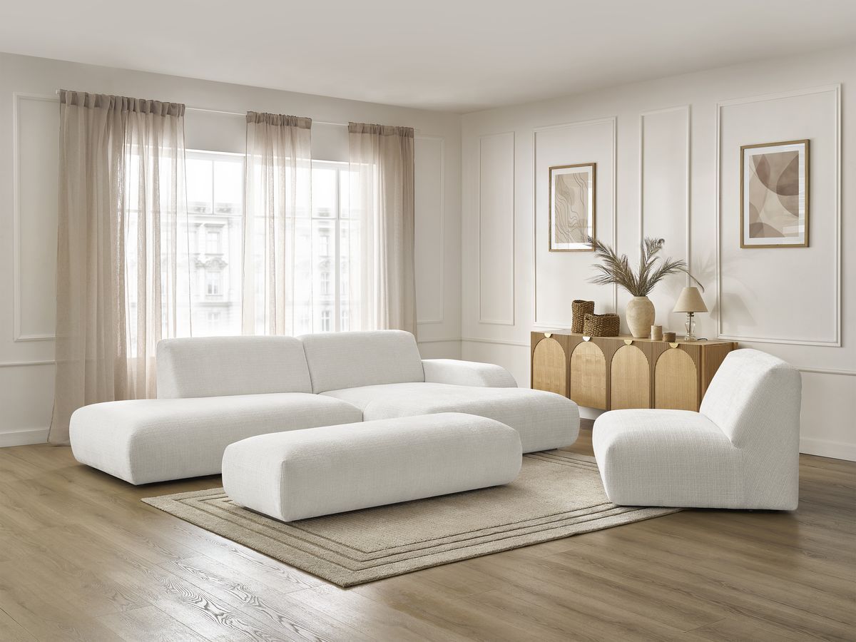 Canapé d'angle fixe modulable SIRIUS tissu texturé avec 1 chauffeuse et grand pouf