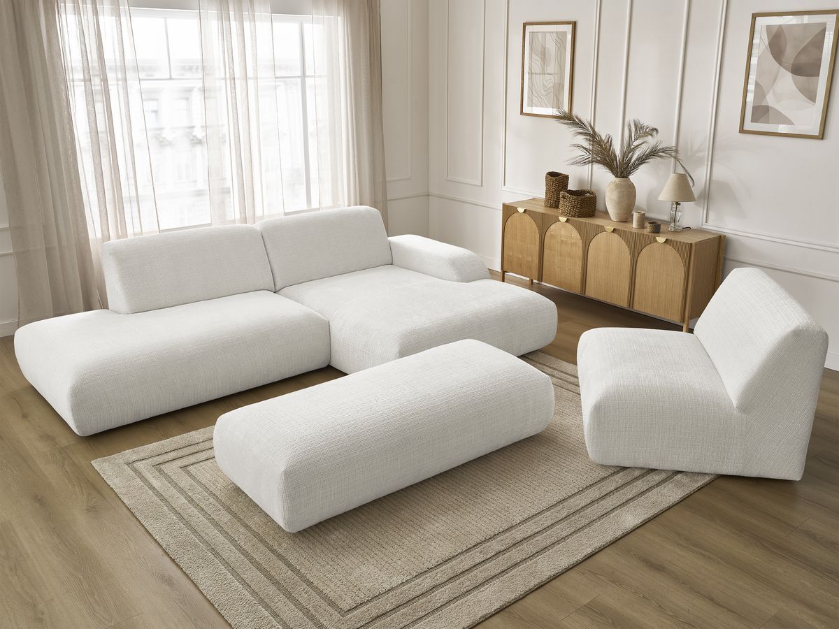 Canapé d'angle fixe modulable SIRIUS tissu texturé avec 1 chauffeuse et grand pouf