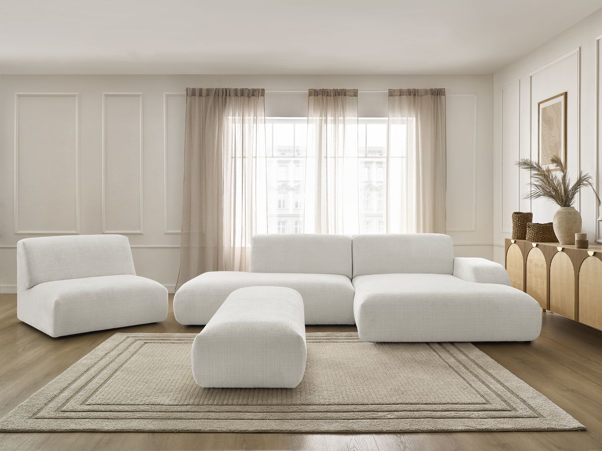 Canapé d'angle fixe modulable SIRIUS tissu texturé avec 1 chauffeuse et grand pouf