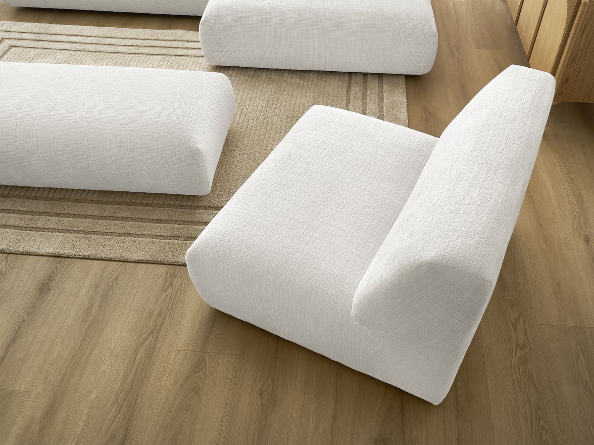 Canapé d'angle fixe modulable SIRIUS tissu texturé avec 1 chauffeuse et grand pouf