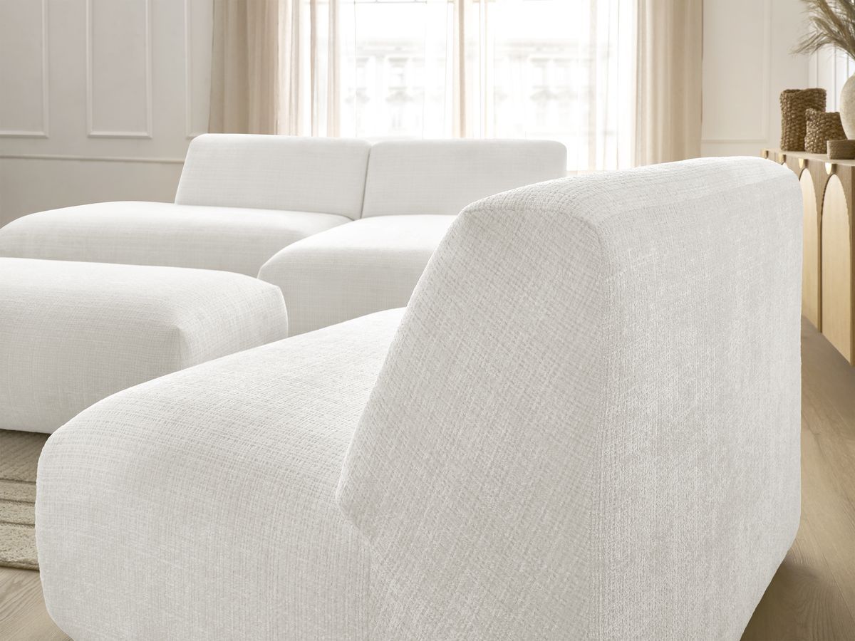 Canapé d'angle fixe modulable SIRIUS tissu texturé avec 1 chauffeuse et grand pouf