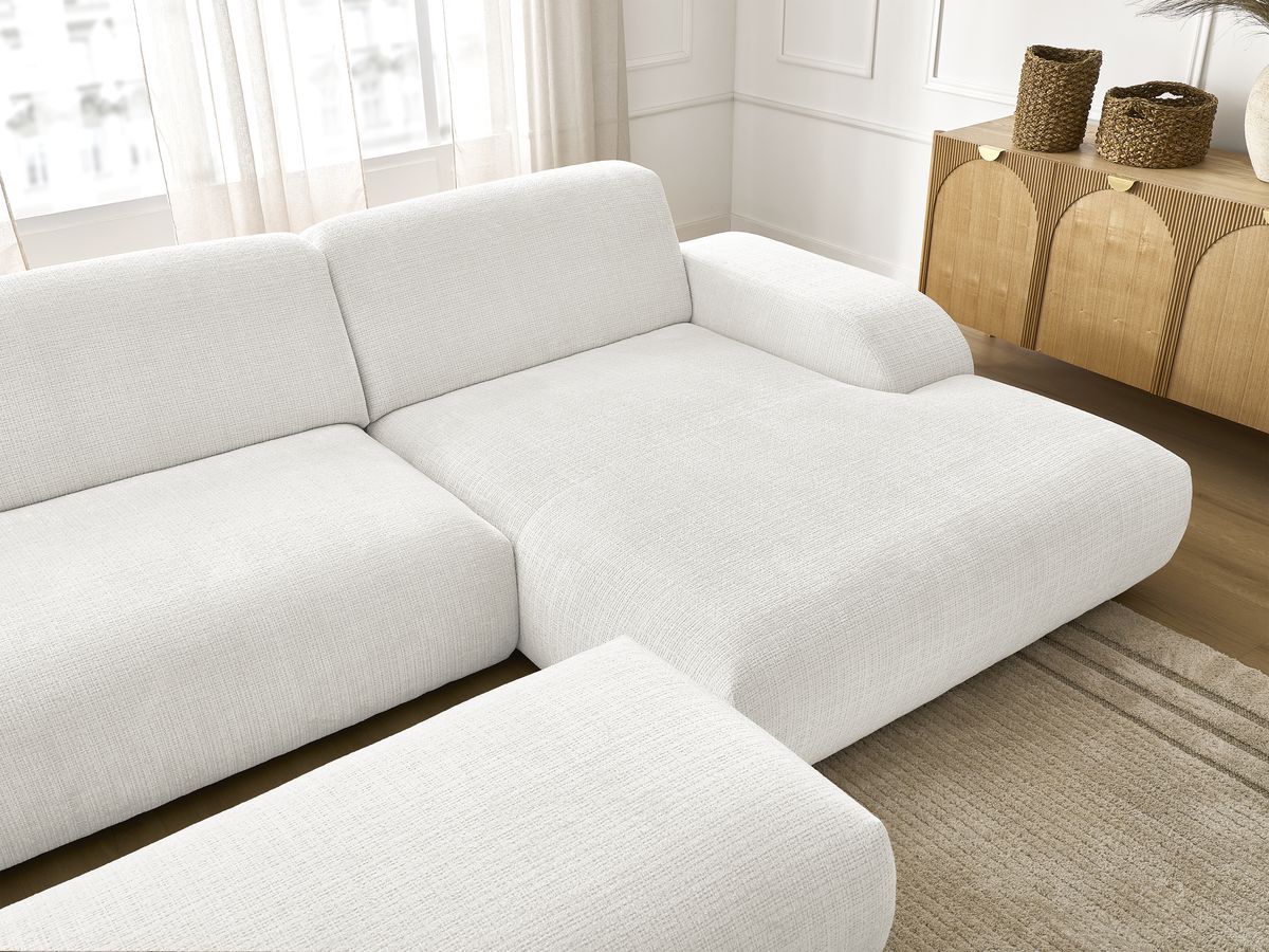 Canapé d'angle fixe modulable SIRIUS tissu texturé avec 1 chauffeuse et grand pouf