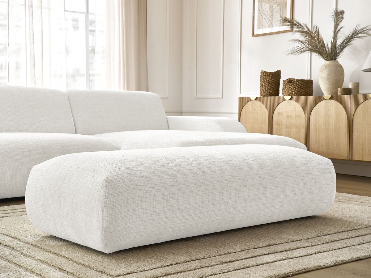 Canapé d'angle fixe modulable SIRIUS tissu texturé avec 1 chauffeuse et grand pouf