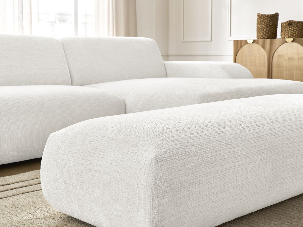 Canapé d'angle fixe modulable SIRIUS tissu texturé avec 1 chauffeuse et grand pouf