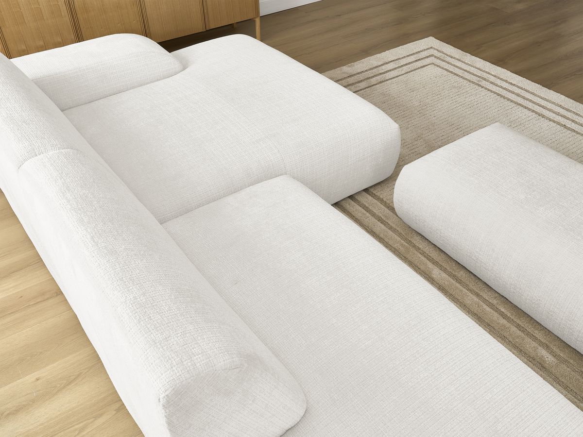 Canapé d'angle fixe modulable SIRIUS tissu texturé avec 1 chauffeuse et grand pouf