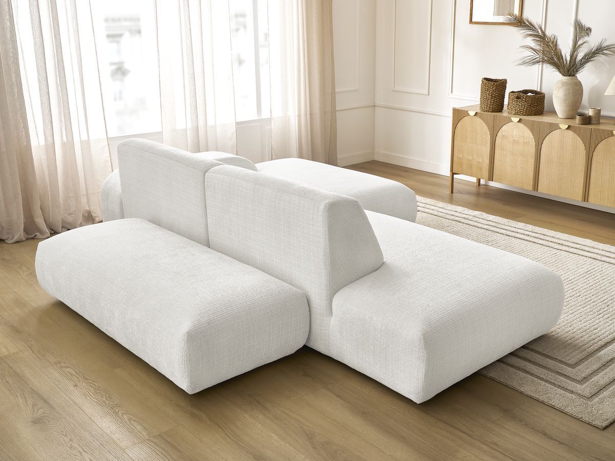 Canapé d'angle fixe modulable SIRIUS tissu texturé avec 1 chauffeuse et grand pouf