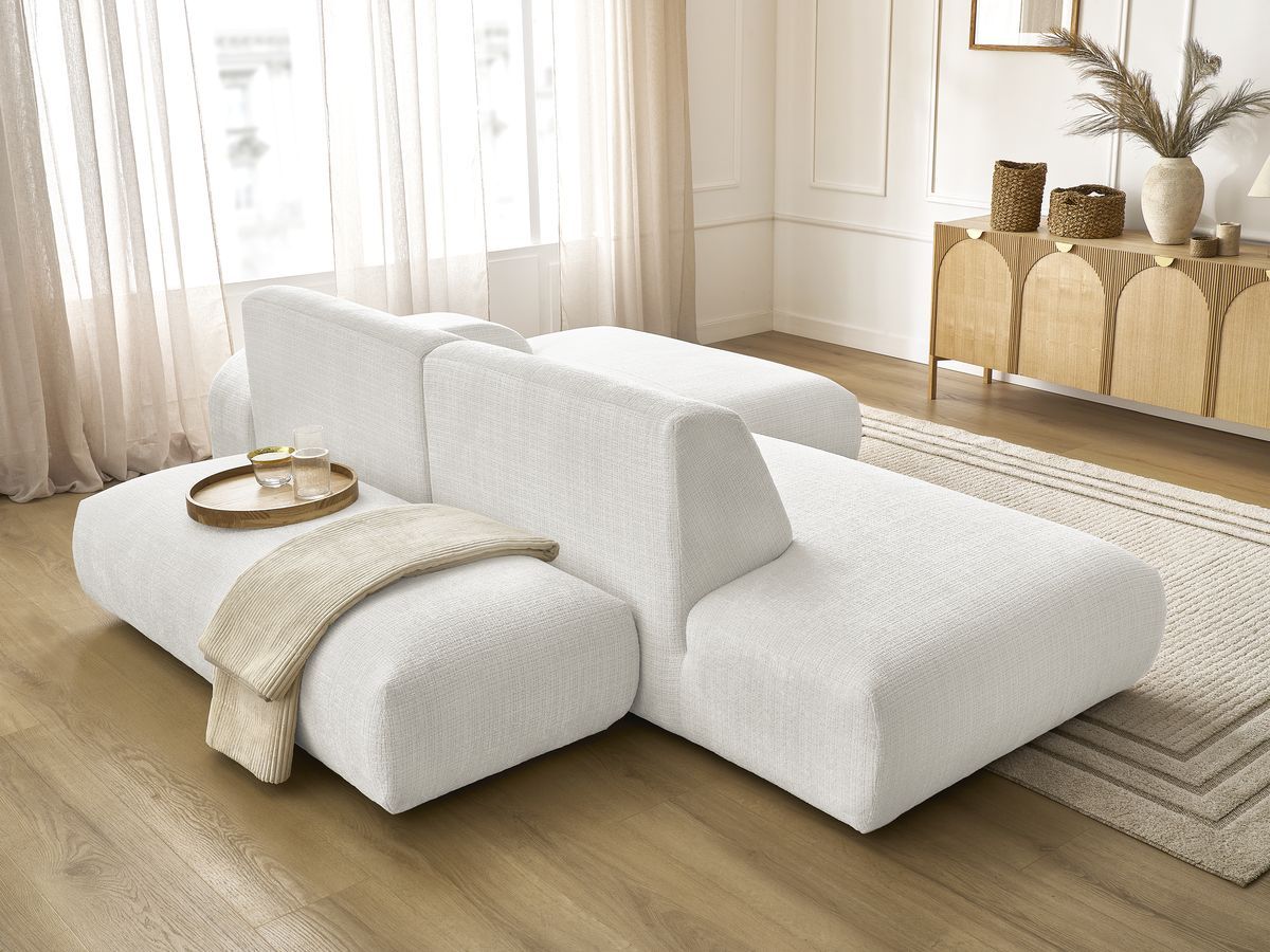 Canapé d'angle fixe modulable SIRIUS tissu texturé avec 1 chauffeuse et grand pouf