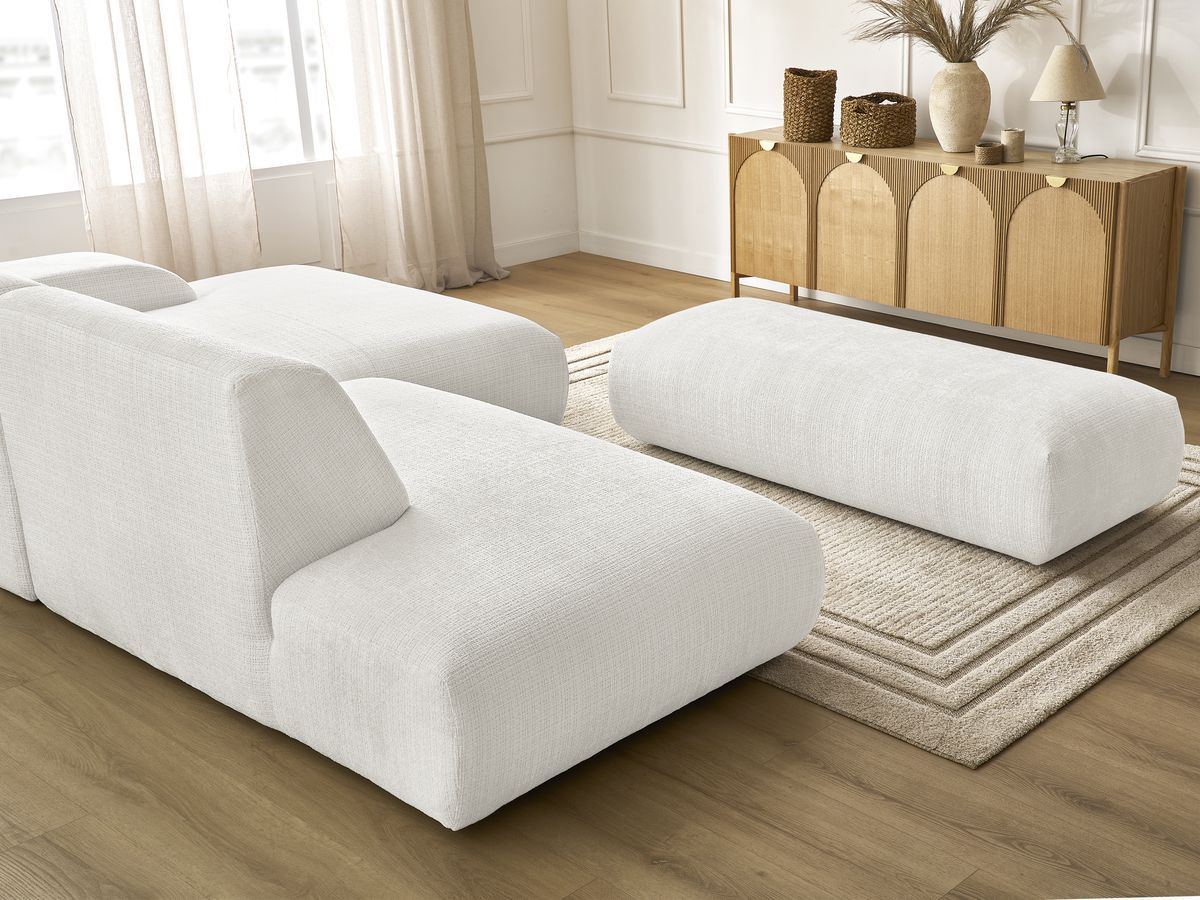 Canapé d'angle fixe modulable SIRIUS tissu texturé avec 1 chauffeuse et grand pouf