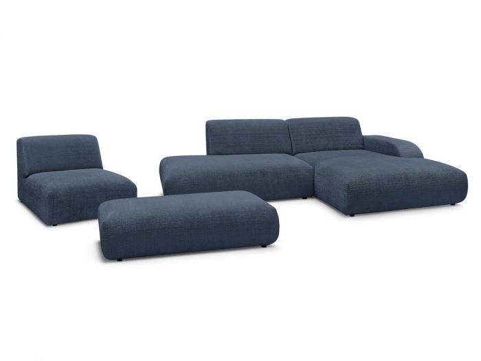 Canapé d'angle fixe modulable SIRIUS tissu texturé avec 1 chauffeuse et grand pouf