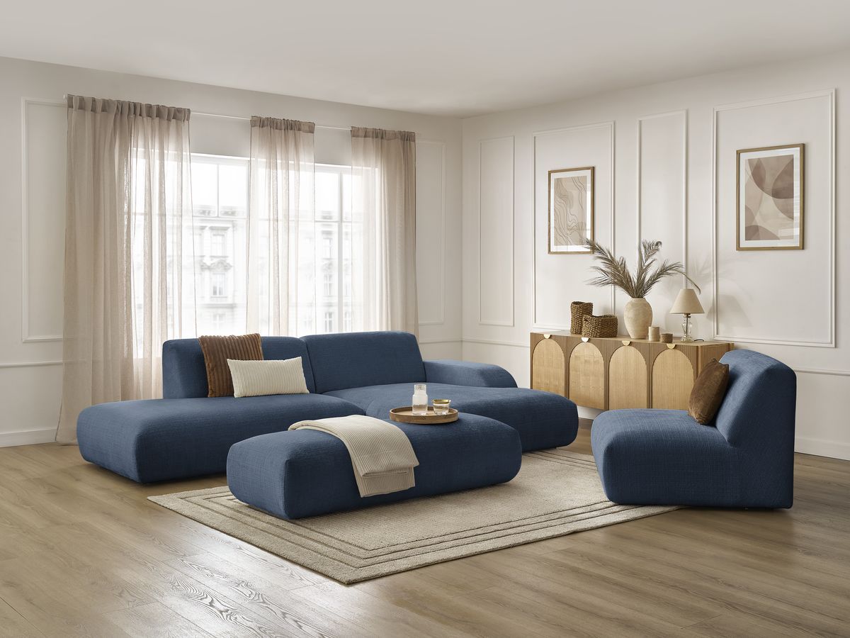 Canapé d'angle fixe modulable SIRIUS tissu texturé avec 1 chauffeuse et grand pouf