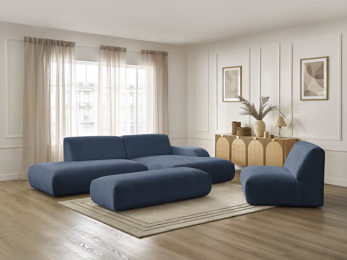 Canapé d'angle fixe modulable SIRIUS tissu texturé avec 1 chauffeuse et grand pouf