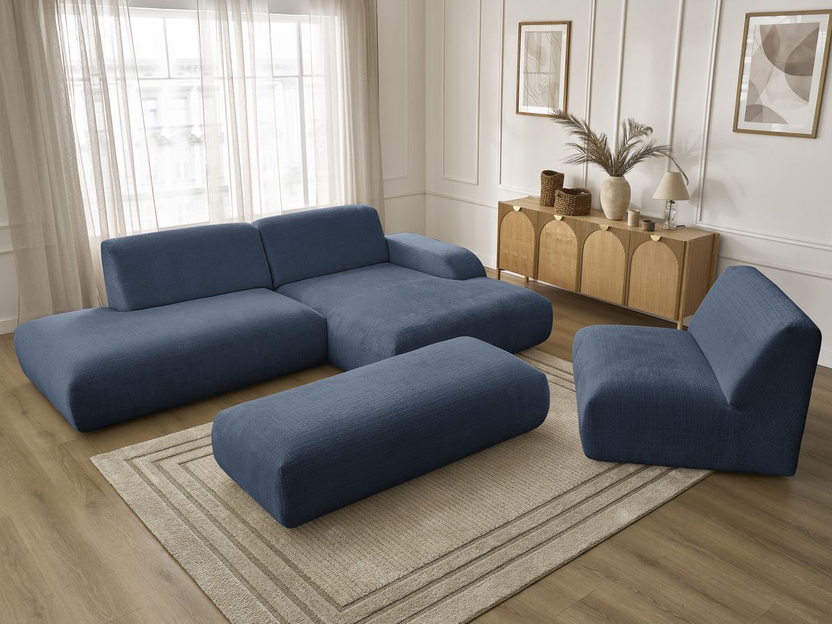 Canapé d'angle fixe modulable SIRIUS tissu texturé avec 1 chauffeuse et grand pouf