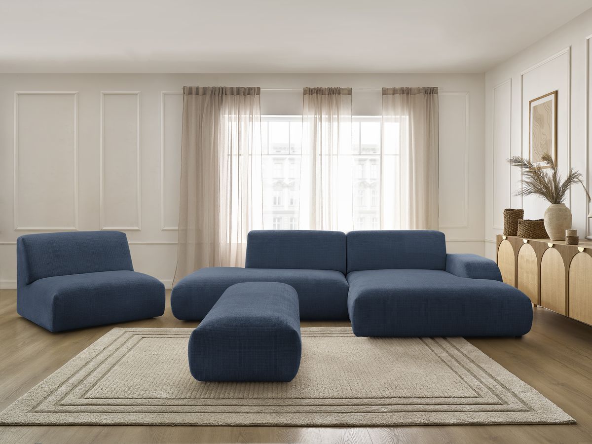 Canapé d'angle fixe modulable SIRIUS tissu texturé avec 1 chauffeuse et grand pouf