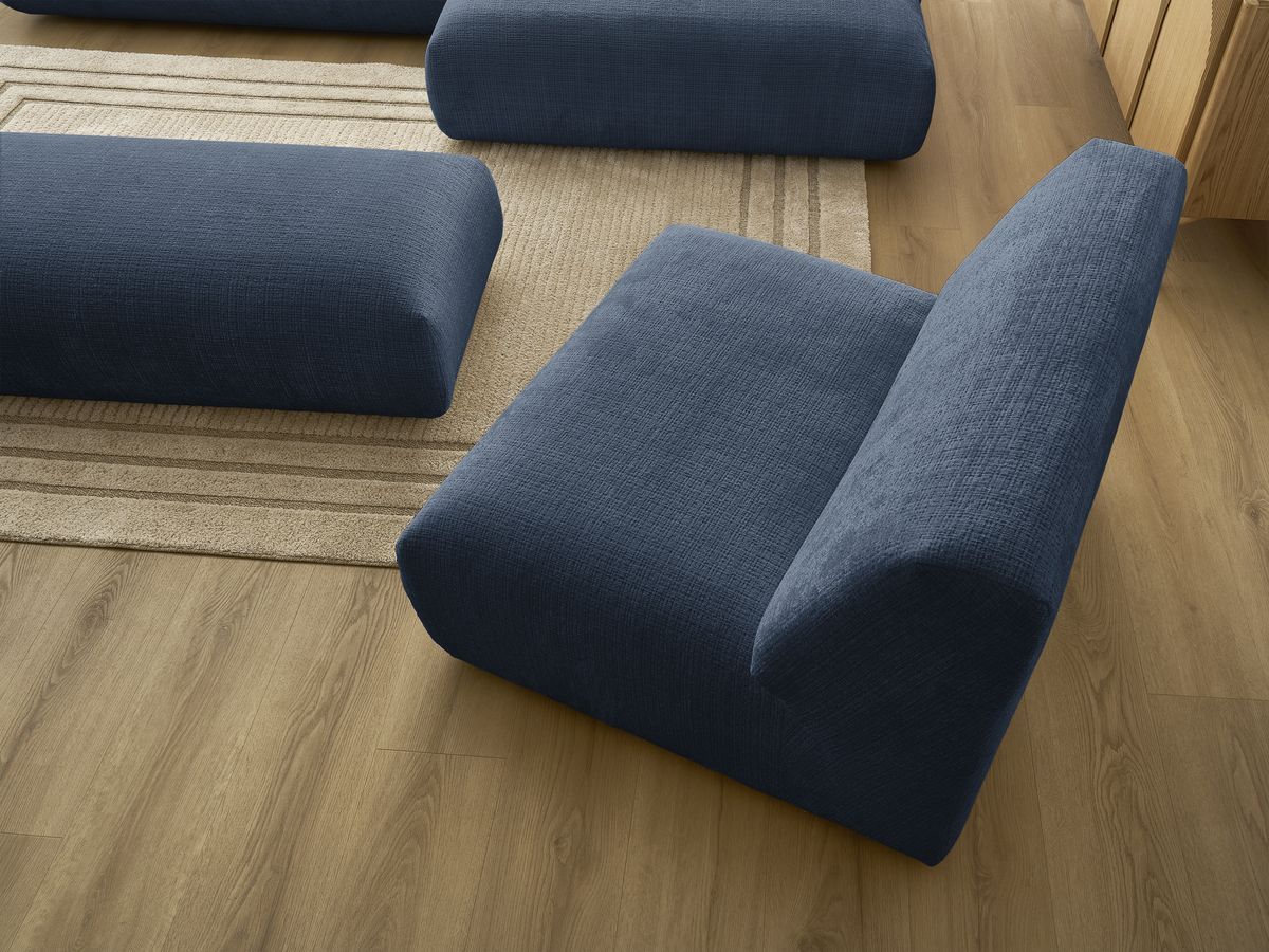 Canapé d'angle fixe modulable SIRIUS tissu texturé avec 1 chauffeuse et grand pouf