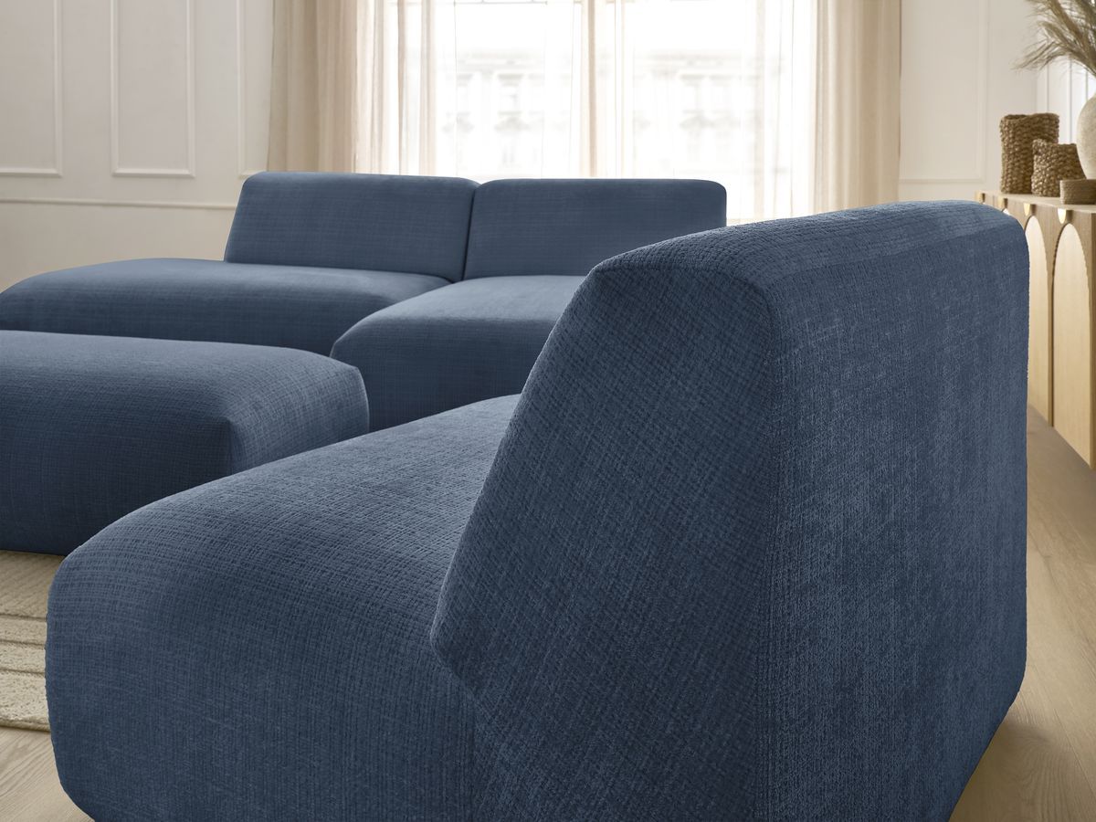 Canapé d'angle fixe modulable SIRIUS tissu texturé avec 1 chauffeuse et grand pouf