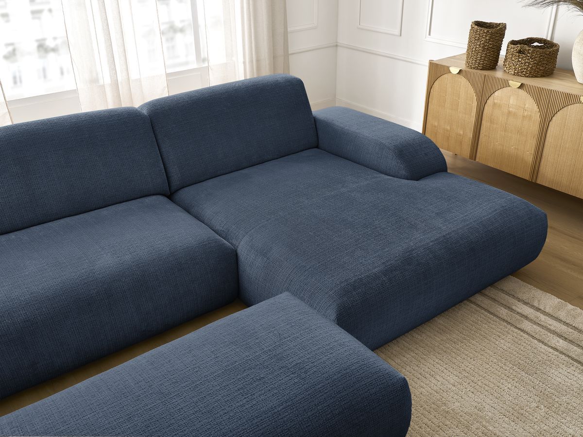 Canapé d'angle fixe modulable SIRIUS tissu texturé avec 1 chauffeuse et grand pouf