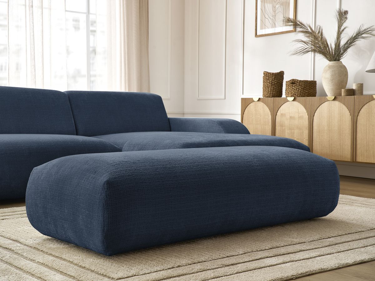 Canapé d'angle fixe modulable SIRIUS tissu texturé avec 1 chauffeuse et grand pouf