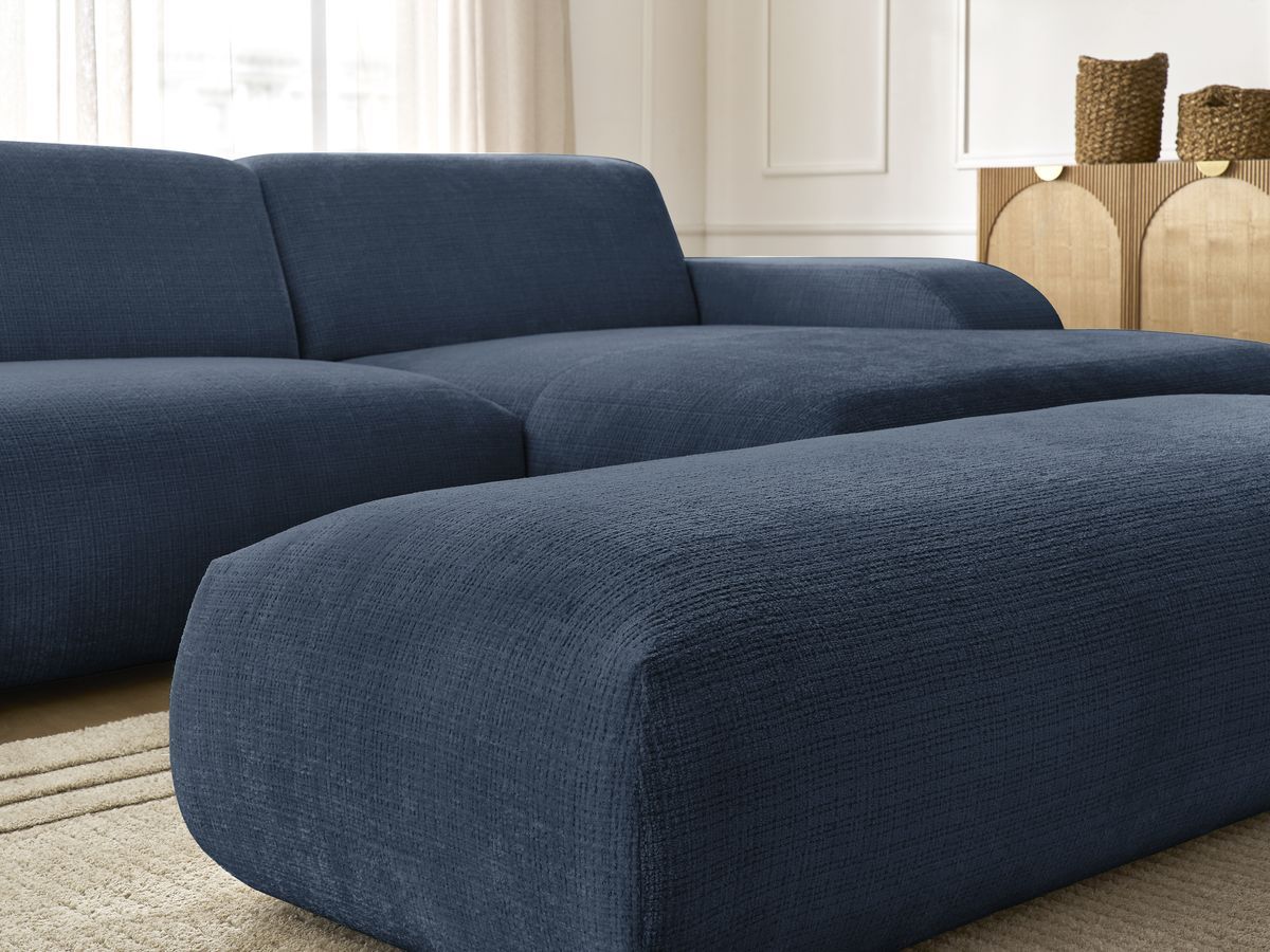 Canapé d'angle fixe modulable SIRIUS tissu texturé avec 1 chauffeuse et grand pouf