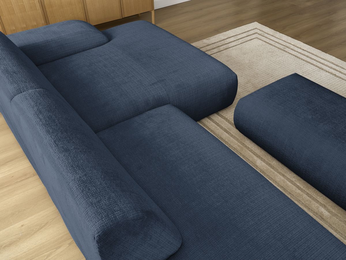 Canapé d'angle fixe modulable SIRIUS tissu texturé avec 1 chauffeuse et grand pouf