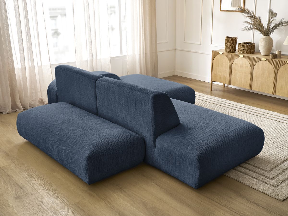 Canapé d'angle fixe modulable SIRIUS tissu texturé avec 1 chauffeuse et grand pouf