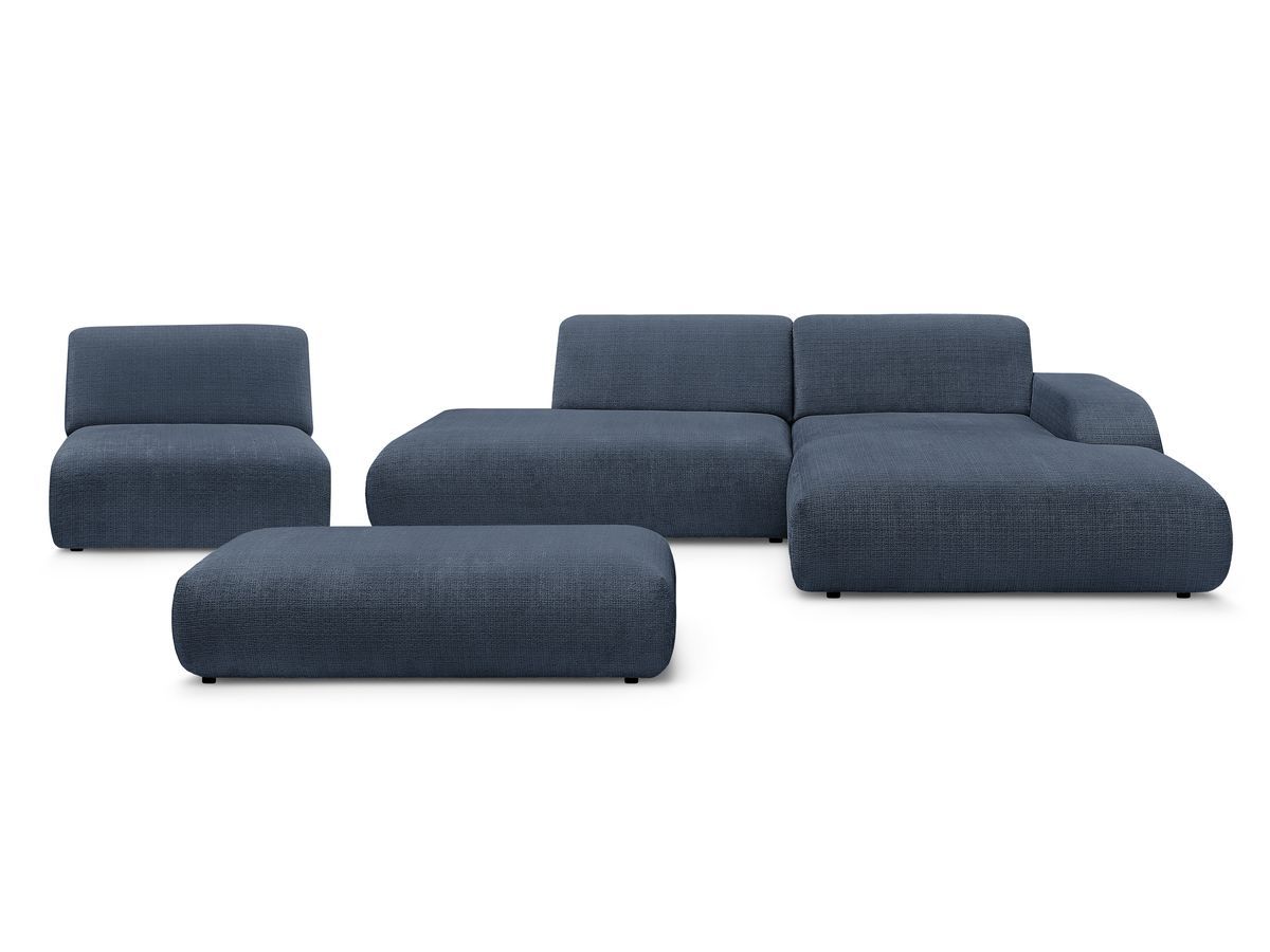 Canapé d'angle fixe modulable SIRIUS tissu texturé avec 1 chauffeuse et grand pouf