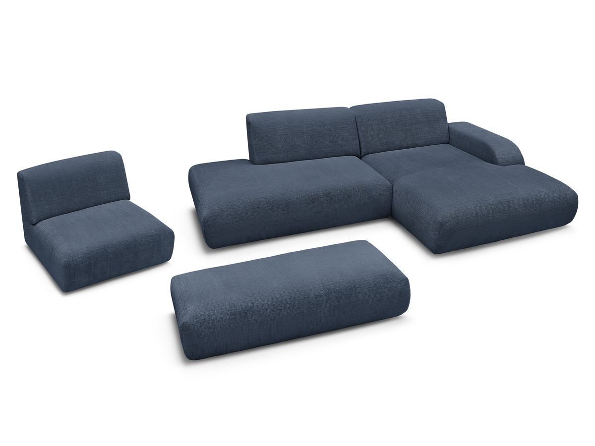 Canapé d'angle fixe modulable SIRIUS tissu texturé avec 1 chauffeuse et grand pouf