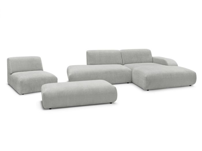 Canapé d'angle fixe modulable SIRIUS tissu texturé avec 1 chauffeuse et grand pouf