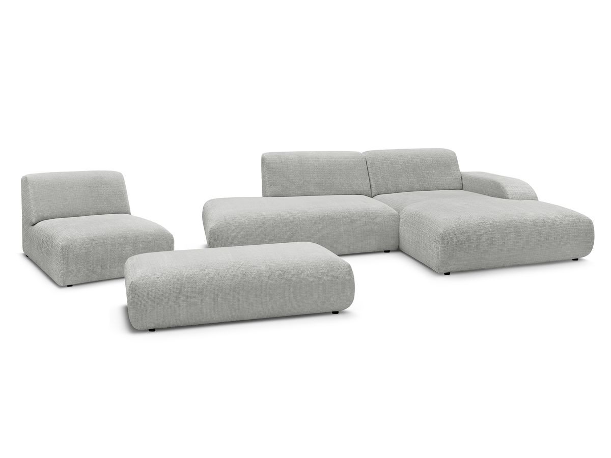 canapé d'angle fixe modulable sirius tissu texturé avec 1 chauffeuse et grand pouf de couleur gris clair