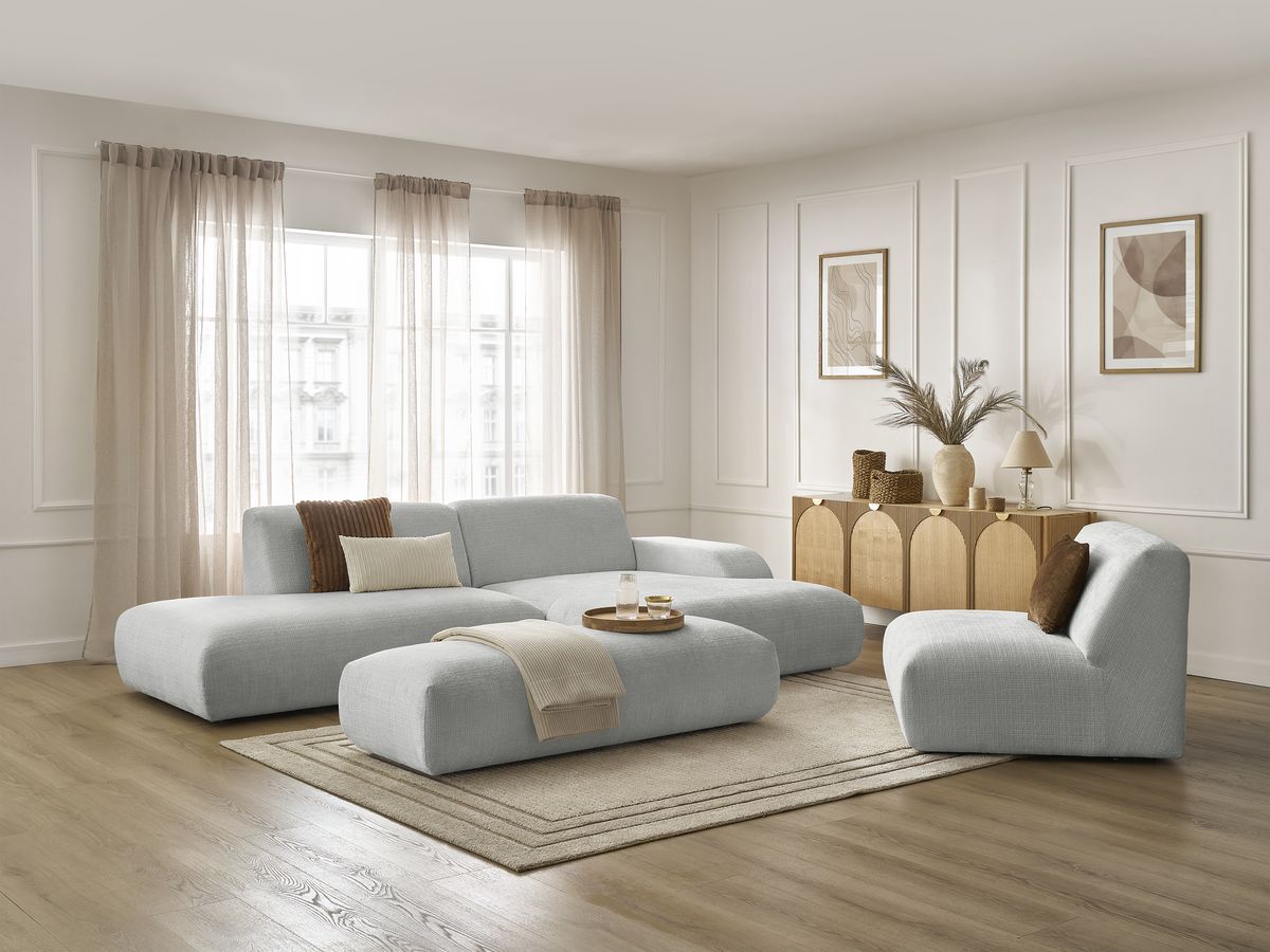 Canapé d'angle fixe modulable SIRIUS tissu texturé avec 1 chauffeuse et grand pouf