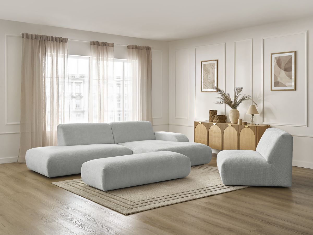 Canapé d'angle fixe modulable SIRIUS tissu texturé avec 1 chauffeuse et grand pouf