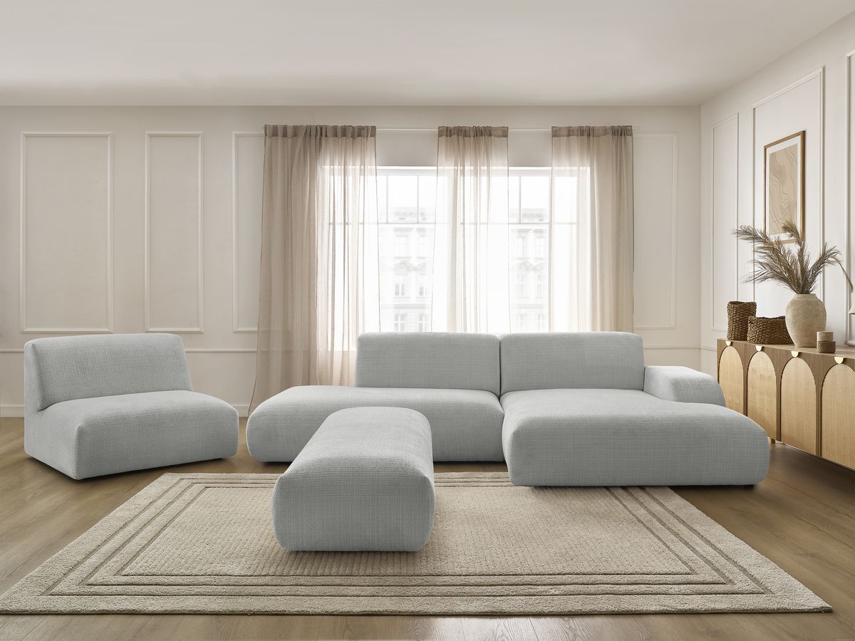 Canapé d'angle fixe modulable SIRIUS tissu texturé avec 1 chauffeuse et grand pouf