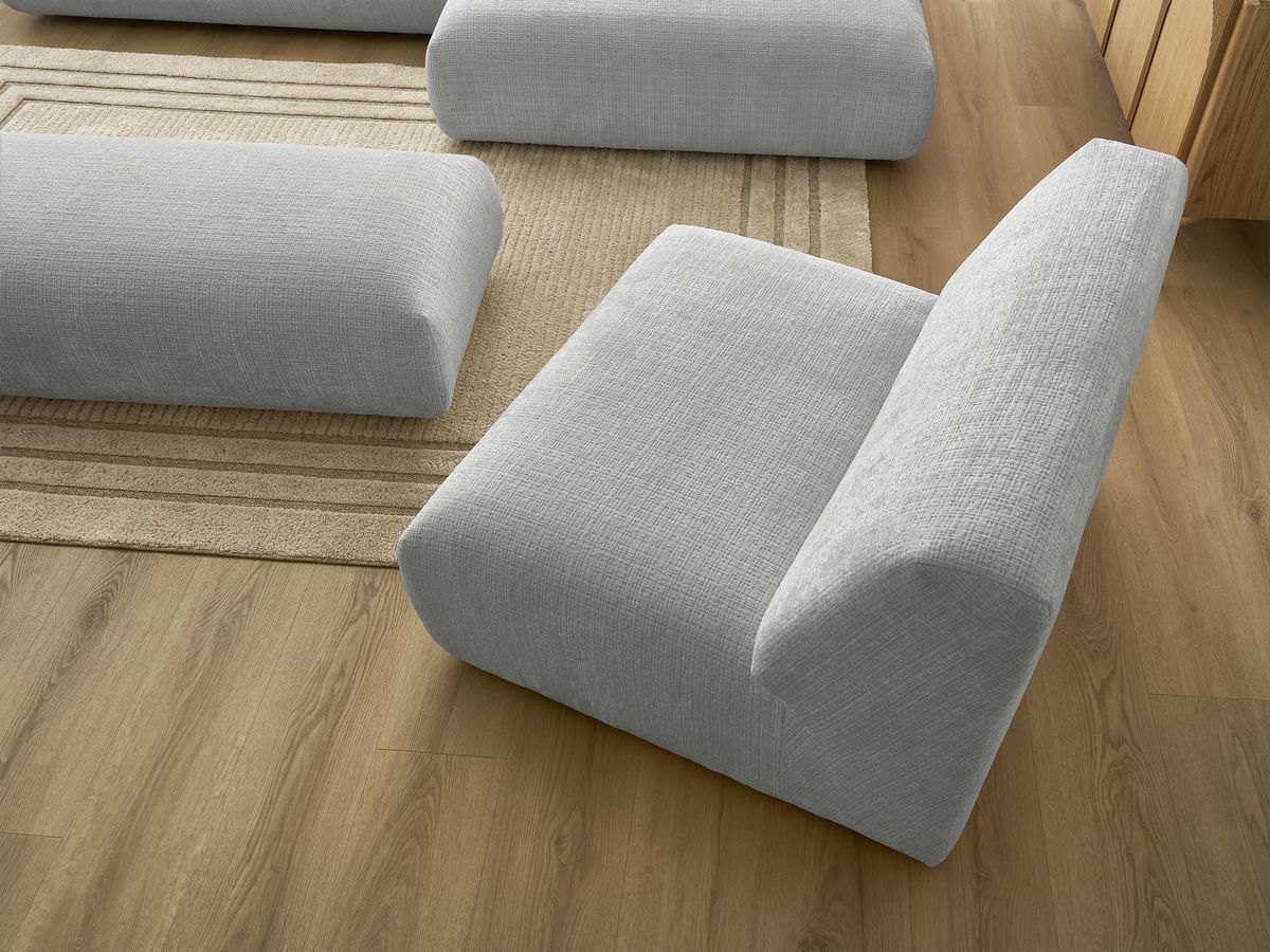 Canapé d'angle fixe modulable SIRIUS tissu texturé avec 1 chauffeuse et grand pouf