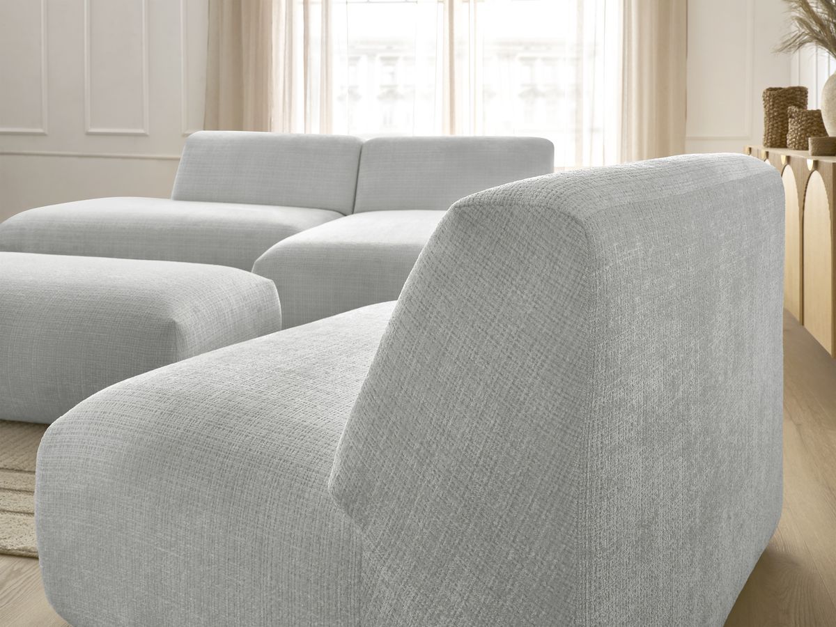 Canapé d'angle fixe modulable SIRIUS tissu texturé avec 1 chauffeuse et grand pouf