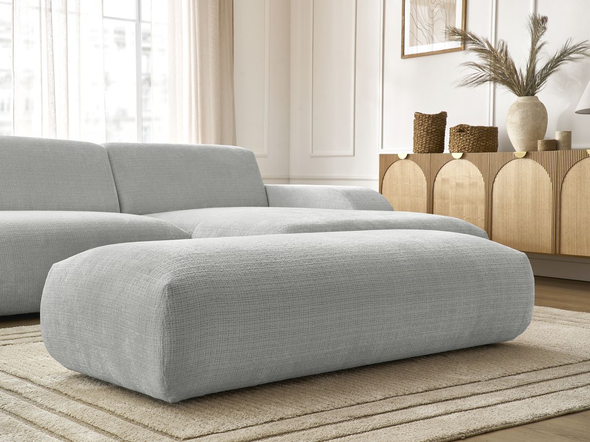 Canapé d'angle fixe modulable SIRIUS tissu texturé avec 1 chauffeuse et grand pouf
