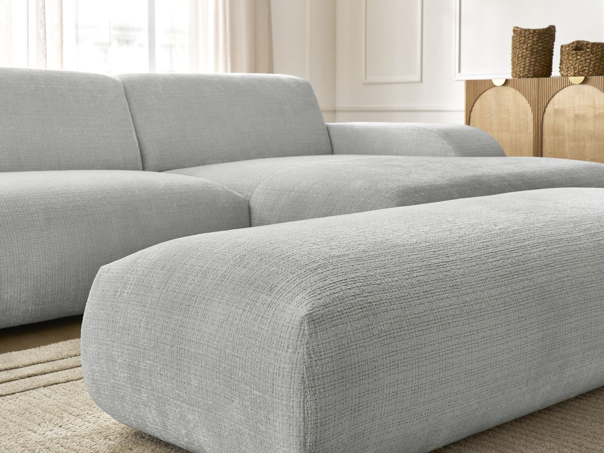 Canapé d'angle fixe modulable SIRIUS tissu texturé avec 1 chauffeuse et grand pouf