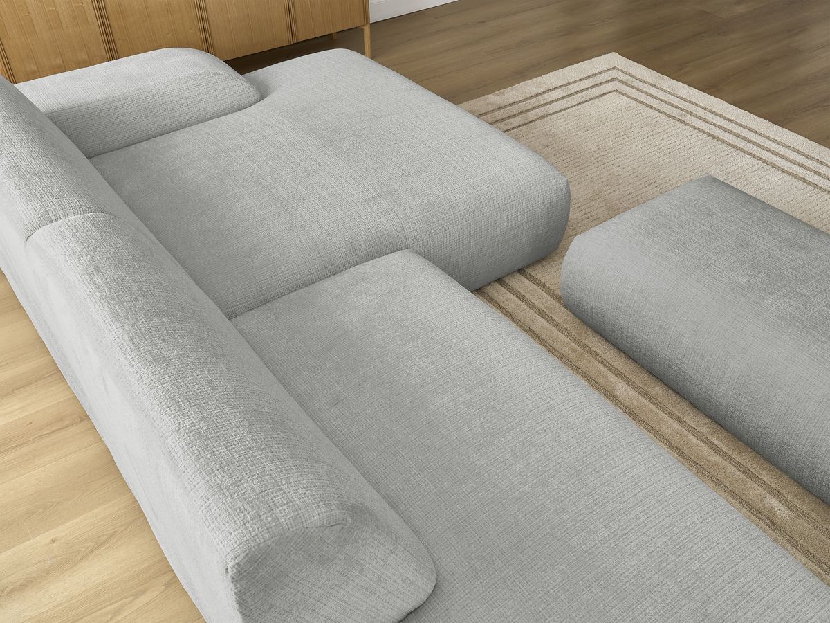 Canapé d'angle fixe modulable SIRIUS tissu texturé avec 1 chauffeuse et grand pouf