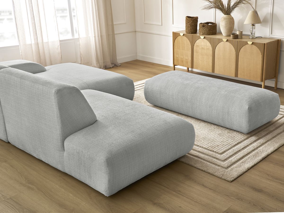 Canapé d'angle fixe modulable SIRIUS tissu texturé avec 1 chauffeuse et grand pouf