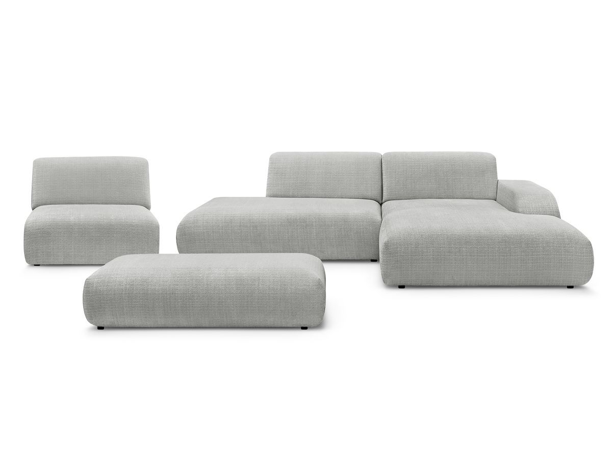 Canapé d'angle fixe modulable SIRIUS tissu texturé avec 1 chauffeuse et grand pouf