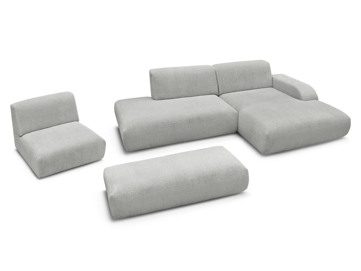 Canapé d'angle fixe modulable SIRIUS tissu texturé avec 1 chauffeuse et grand pouf