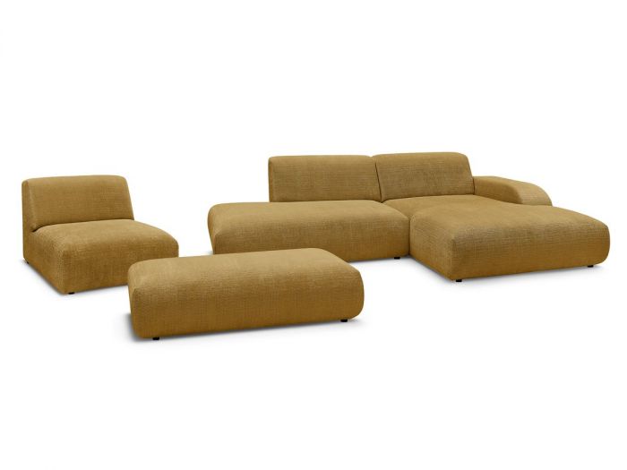 Canapé d'angle fixe modulable SIRIUS tissu texturé avec 1 chauffeuse et grand pouf
