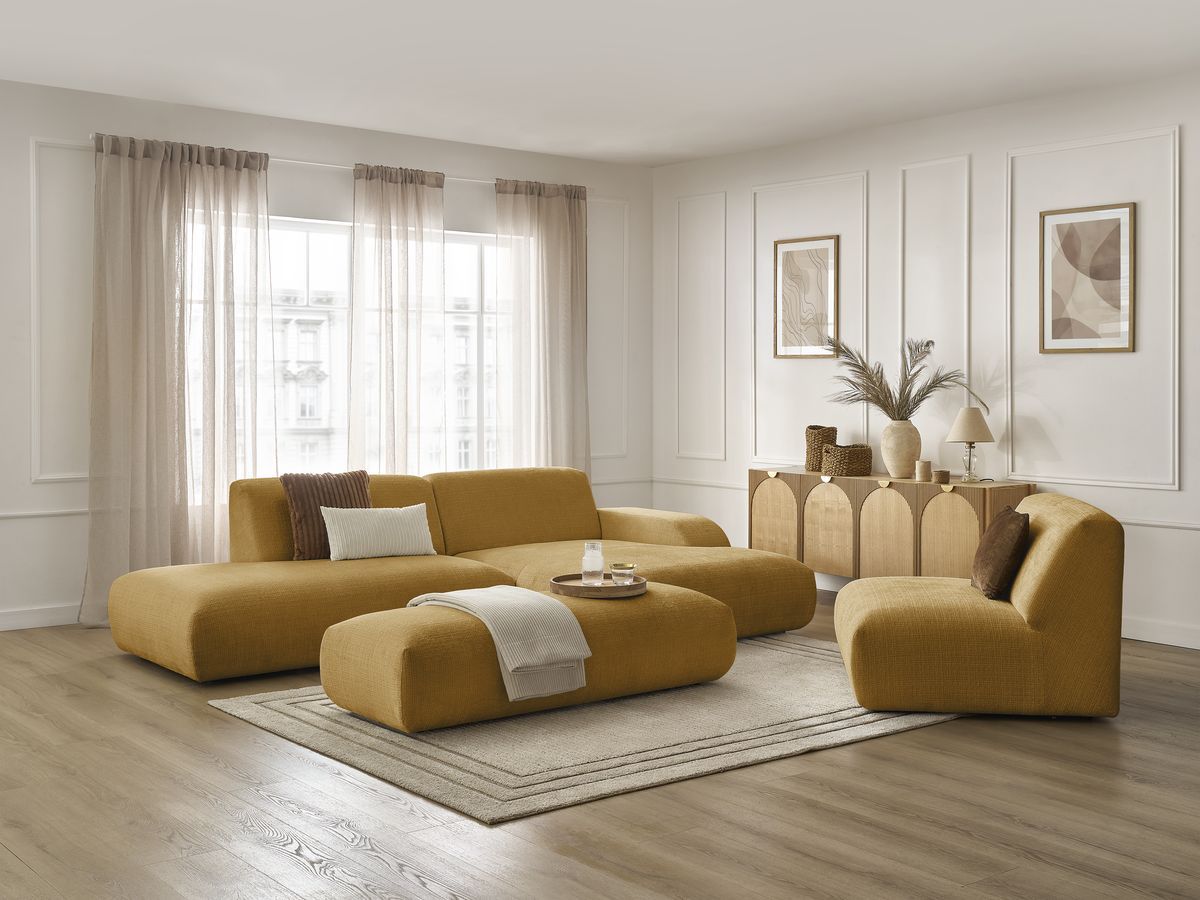 Canapé d'angle fixe modulable SIRIUS tissu texturé avec 1 chauffeuse et grand pouf
