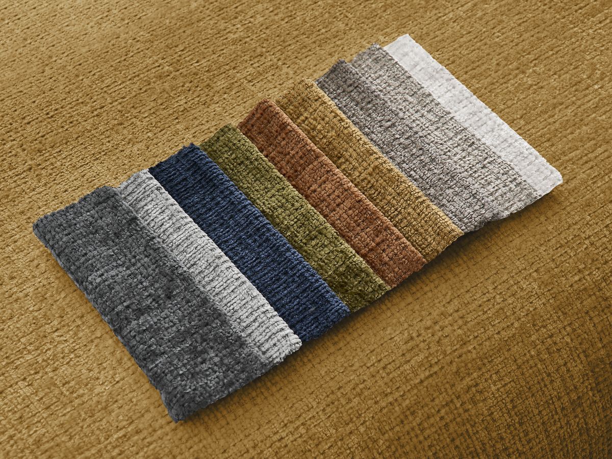 Canapé d'angle fixe modulable SIRIUS tissu texturé avec 1 chauffeuse et grand pouf