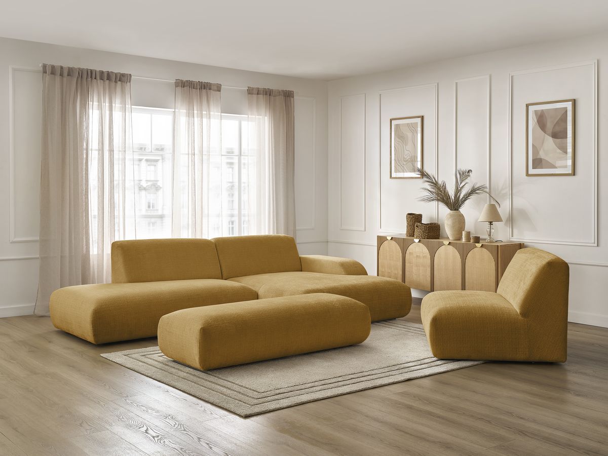 Canapé d'angle fixe modulable SIRIUS tissu texturé avec 1 chauffeuse et grand pouf