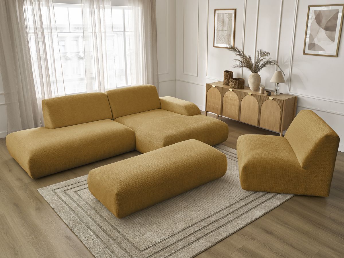 Canapé d'angle fixe modulable SIRIUS tissu texturé avec 1 chauffeuse et grand pouf
