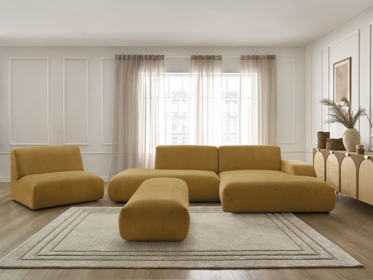 Canapé d'angle fixe modulable SIRIUS tissu texturé avec 1 chauffeuse et grand pouf
