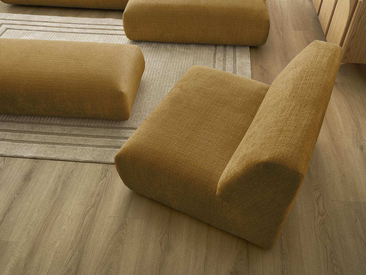 Canapé d'angle fixe modulable SIRIUS tissu texturé avec 1 chauffeuse et grand pouf