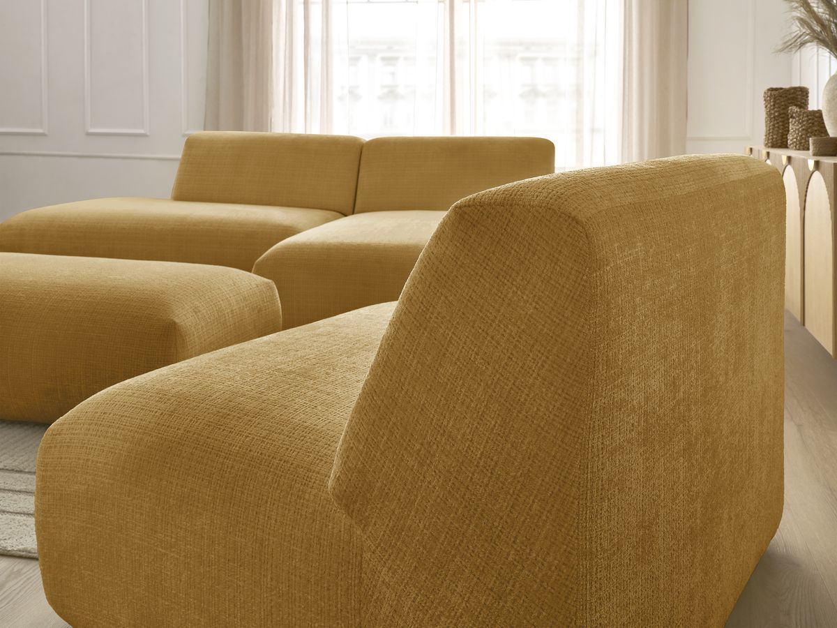 Canapé d'angle fixe modulable SIRIUS tissu texturé avec 1 chauffeuse et grand pouf