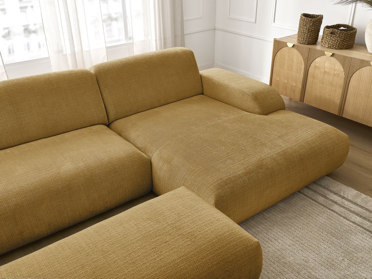 Canapé d'angle fixe modulable SIRIUS tissu texturé avec 1 chauffeuse et grand pouf